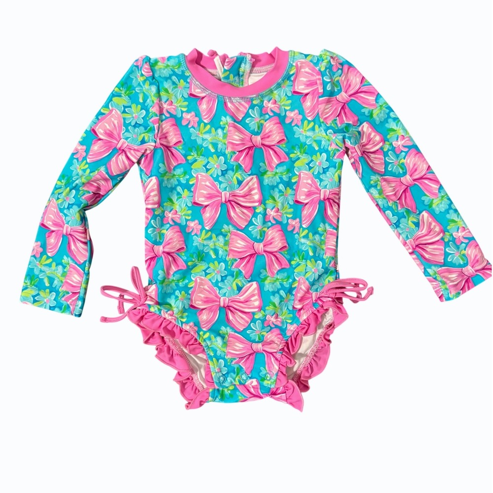 Caden Lane 2T Girls Long Sleeve Rash Guard Swimsuit Pink Bow Floral Ruffle Blue